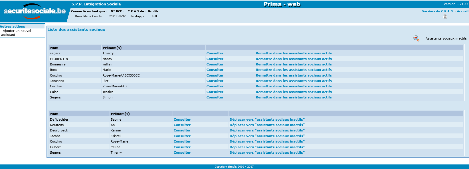 Liste assistants sociaux actifs